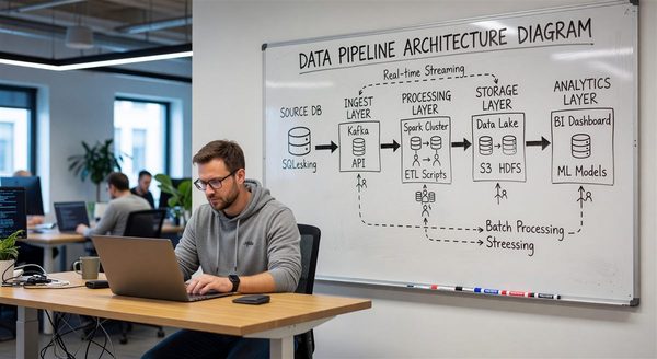 MarTech data pipeline architecture diagram on whiteboard