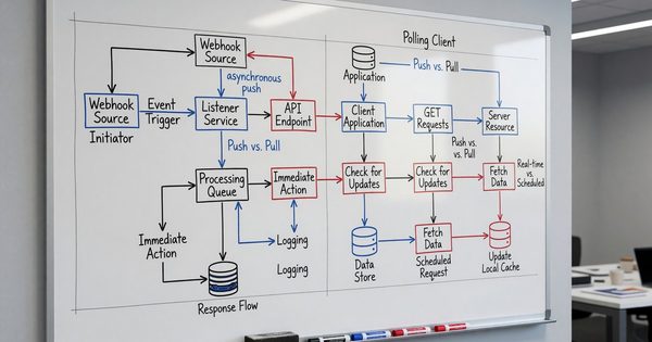 Architecture diagram showing webhook and polling data flow patterns on a developer's whiteboard