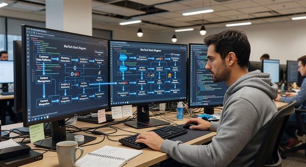 Developer reviewing MarTech stack architecture on multiple screens