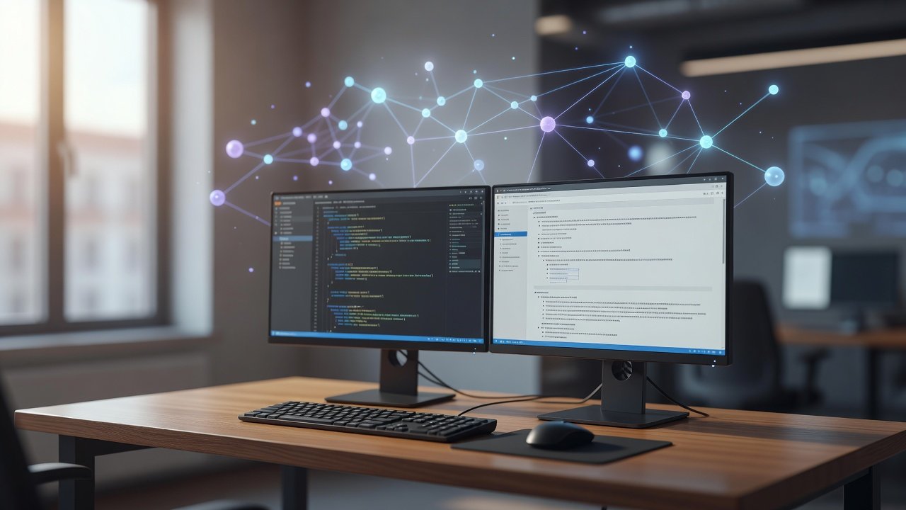 Developer workspace with a code editor and API documentation open across dual monitors