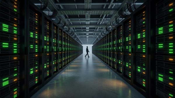 Person walking down a long data center aisle lined with server racks showing green and amber status lights