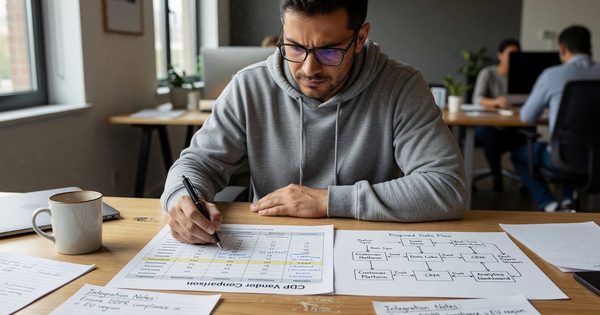 Developer reviewing CDP vendor comparison spreadsheet with architecture diagram and data flow notes
