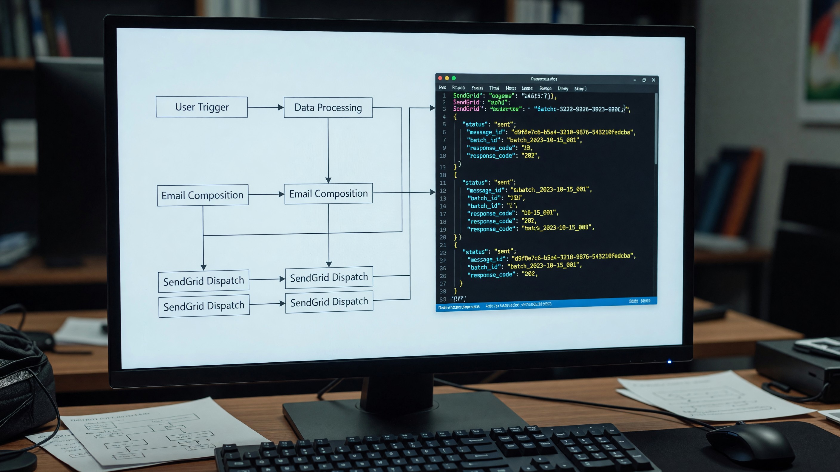 Email automation workflow diagram on developer screen with SendGrid API response data visible