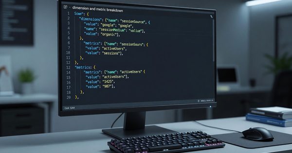 GA4 API response data displayed in a developer console with dimension and metric breakdown visible
