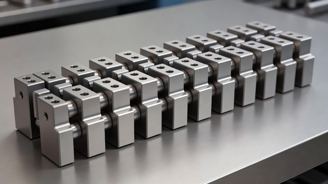 A set of identical machined metal jigs arranged in a row on a workbench, precise and repeated