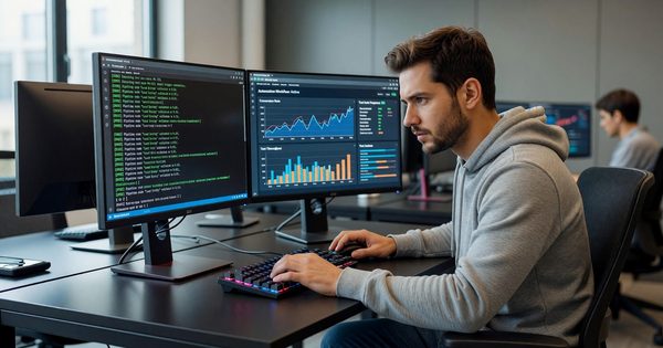 Developer running automated test suite for marketing automation pipeline on dual monitors