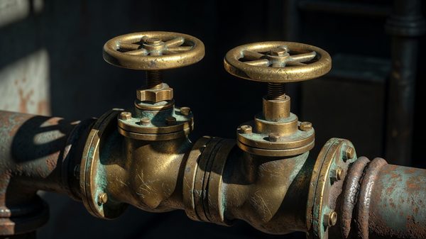 Two old brass water valves on a pipe, one fully closed and one partly open, industrial close-up