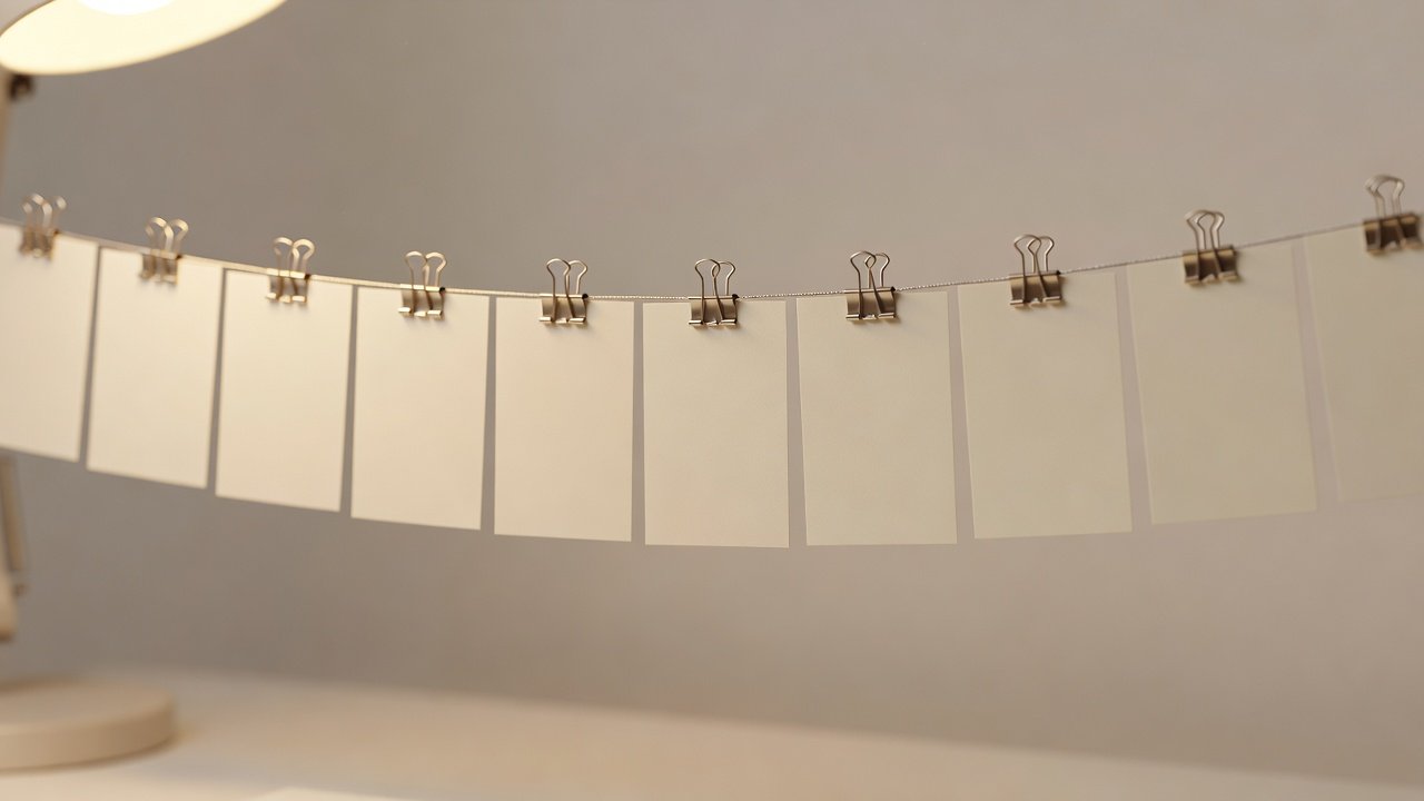 A row of blank assessment cards clipped to a wire, shallow depth of field, warm desk light