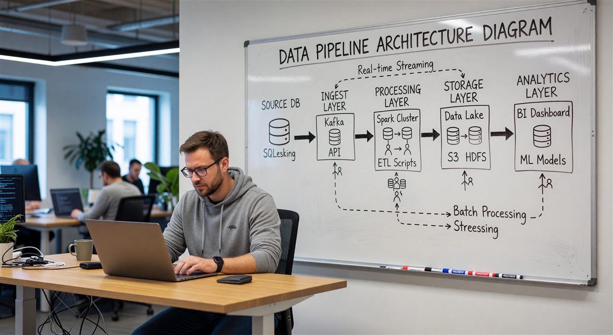 MarTech data pipeline architecture diagram on whiteboard