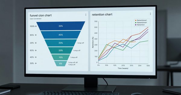 Side-by-side product analytics dashboards on developer monitor showing funnel and retention charts