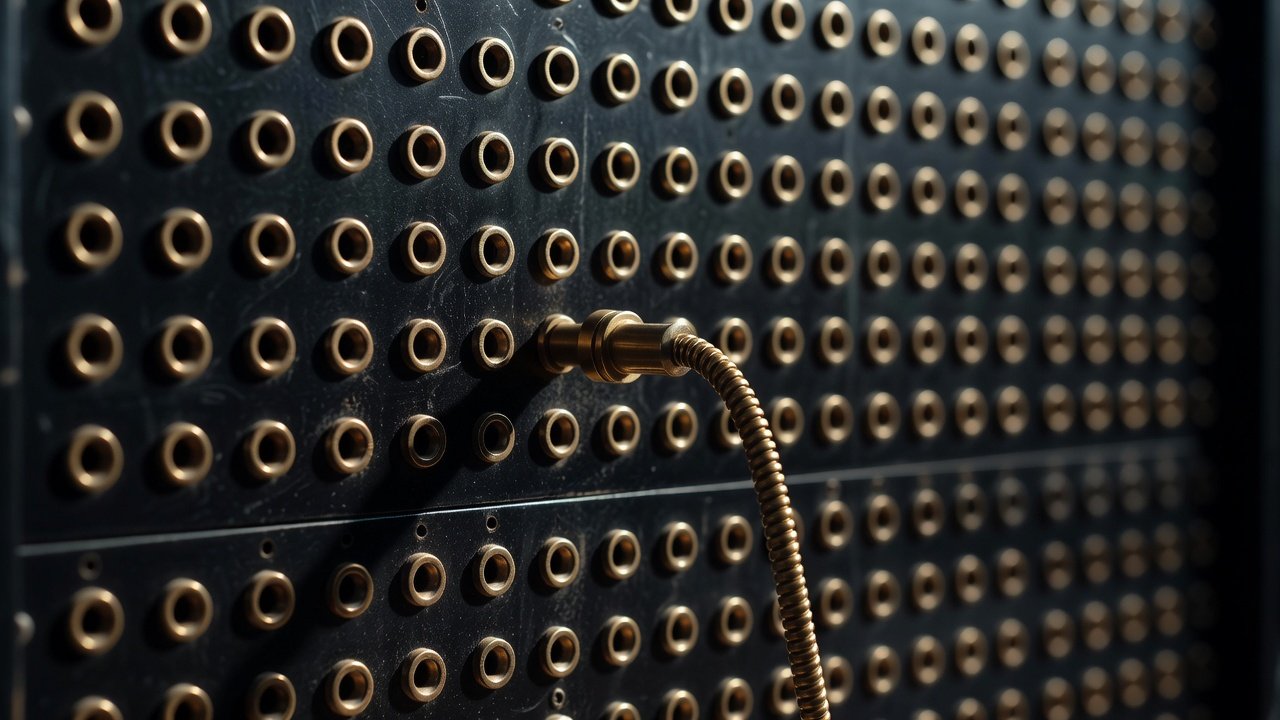 A single brass switchboard patch cable connecting one port among hundreds on a dark panel