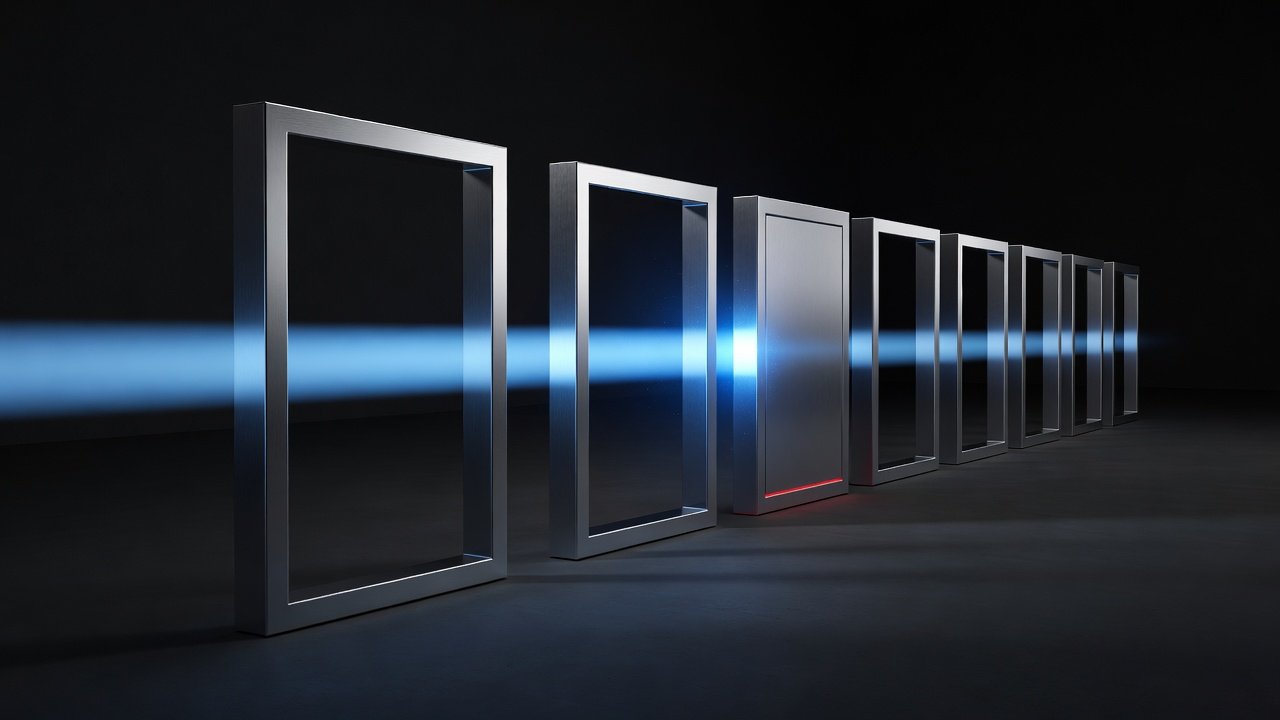 Abstract concept art of a signal flowing through a series of gates, one closed