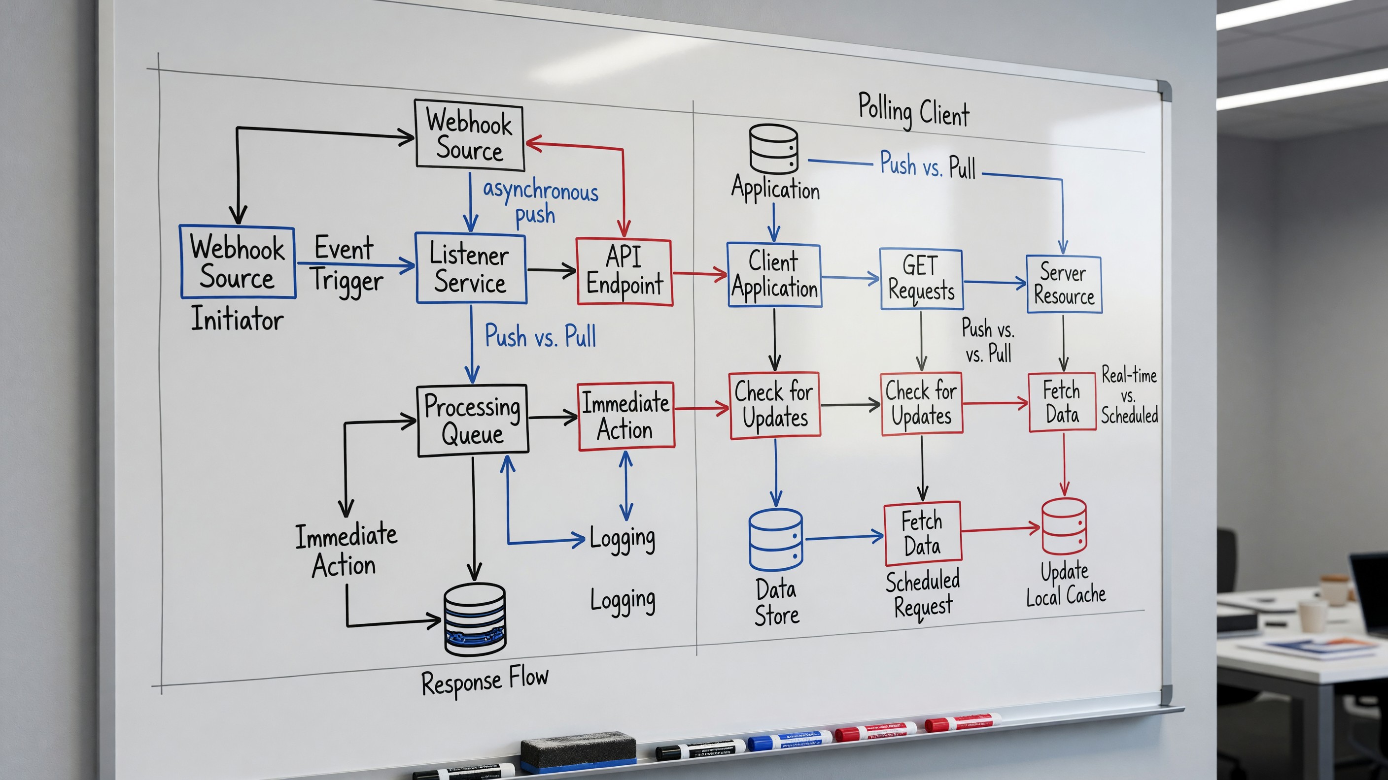 Architecture diagram showing webhook and polling data flow patterns on a developer's whiteboard